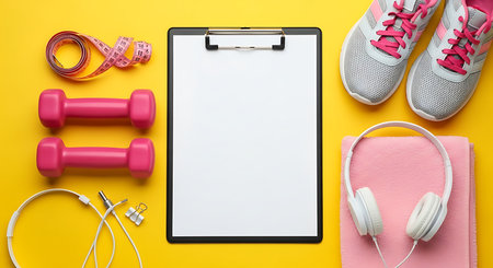Flat lay composition with clipboard, sport equipment and space for text on color backgroundの素材