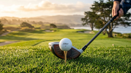 Golf club and ball on tee box at sunrise on green grass golf course with serene landscape