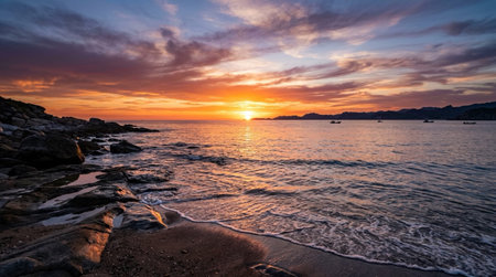 serene beach scene at sunset with orange sky, gentle waves, and boats on the horizon