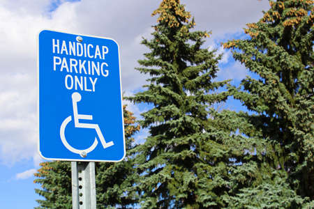 Handicap parking sign with trees in the background.の写真素材