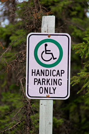 A handicap parking only sign with trees in the background.の写真素材