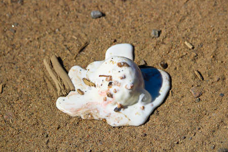 A scoop of ice cream melting in the sand on the beach.