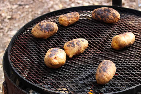 Closeup of potatoes baking on a campfire.の写真素材