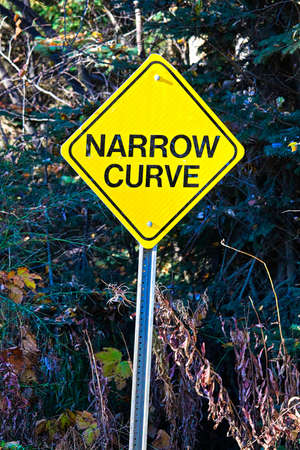 A yellow Narrow Curve sign with trees in the backgroundの写真素材