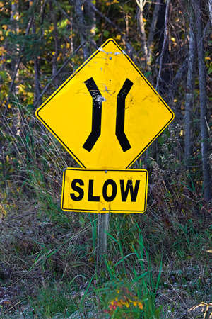 A Slow Narrow Bridge sign with trees in the backgroundの写真素材