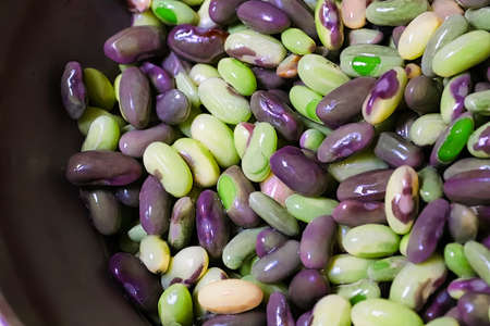 A background of green nd purple beans in a grey colander