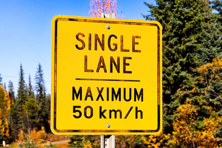 A warning Single Lane, Maxium 50 Km per hour signの写真素材