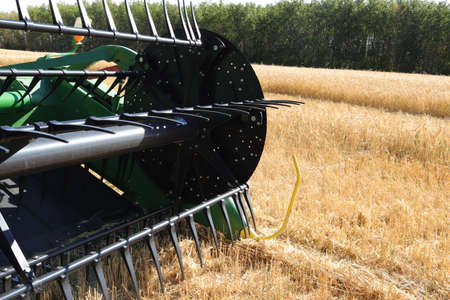 BONNYVILLE, ALBERTA, CANADA - SEPTEMBER 12, 2020: Closeup view of John Deere tines on a combine parked during harvestのeditorial素材