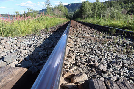 The shiny top view of a rail on a train trackの写真素材