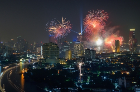 City town at night, Bangkok, Thailand in New Year Fireworksのeditorial素材