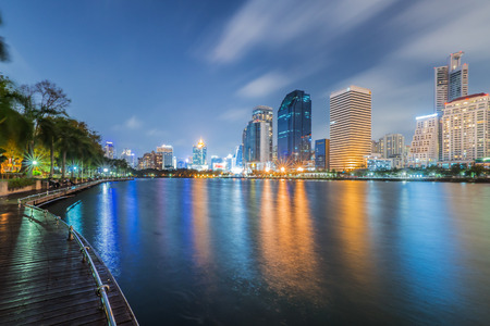 Commercial building in Bangkok twilightの写真素材