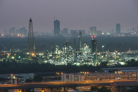 Petrochemical plant   oil refinery   industry at twilight timeの写真素材