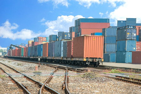 Cargo train platform with freight train container at depot