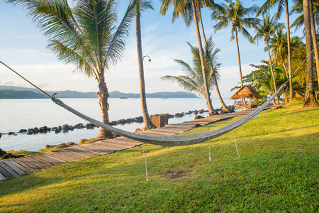 View of cozy straw hammock on the tropical white beachの写真素材