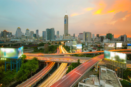Bangkok city in night view with main traffic, Thailand