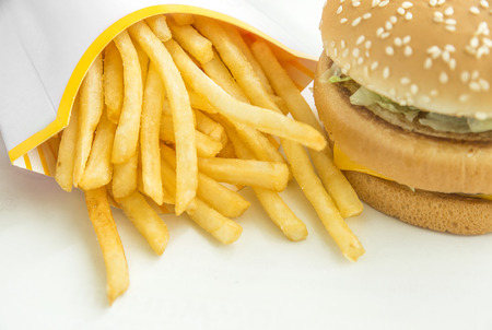Hamburger and french fries on white backgroundの写真素材