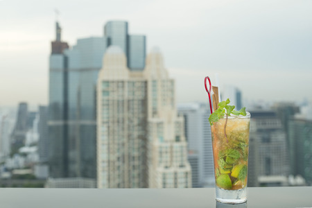 Mojito cocktail on table in rooftop barの写真素材