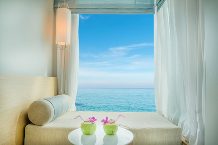 Summer, Travel, Vacation and Holiday concept - Beautiful tropical sea view at window in resort, Phuket ,Thailandの写真素材