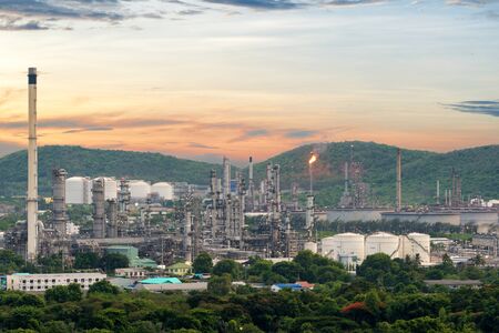 Oil refinery industry or petrochemical refinery industry in industriy estate at nightのeditorial素材