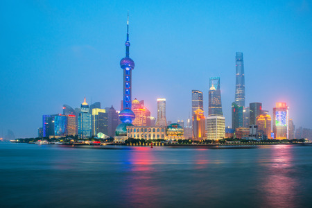 Shanghai skyline at Lujiazui Pudong central business district near Huangpu river in Shanghai, China.