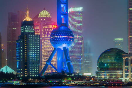 Shanghai oriental pearl tower in night at Shanghai, China.のeditorial素材