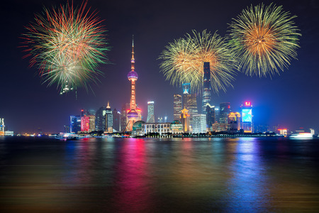Fireworks in Shanghai, China celebration National Day of the People's Republic of China.のeditorial素材
