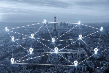 Map pin network connection flat above over Paris city. Network connection concept