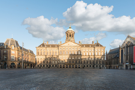 Royal Palace at the Dam Square in Amsterdam, Netherlands. No people in Dam Square in Amsterdam, Netherlands.のeditorial素材