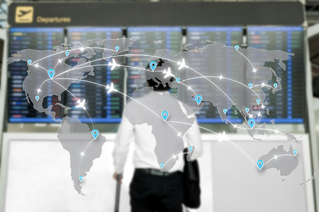 Map of flight routes airplanes network use for global travel, import,export,logistics network concept.(Elements of this image furnished by NASA)の写真素材