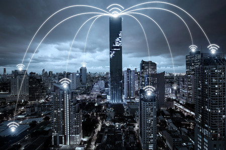 Wifi network connection in city center business district. Wifi connection technology concept