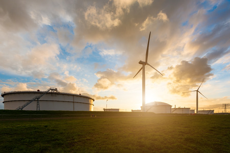 Oil storage tank windmill in oil refinery industry in morning at Rotterdam ,Netherlands.