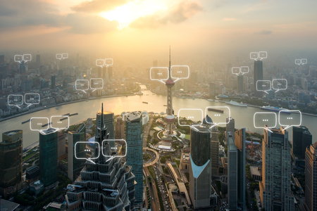 Blank space for text on Shanghai city and bubble chat for communication. Technology and communication conceptの写真素材