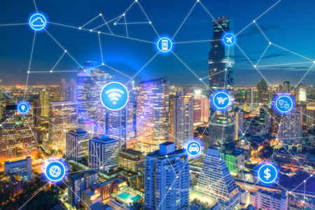 Smart city and wireless communication network, business district with office building, abstract image visual, internet of things concept Smart city and wireless communication network, business district with office building, abstract image visual, internet of things concept