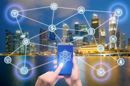 Network of connected mobile devices such as smart phone, tablet, thermostat or smart home. Internet of things and mobile computing concept. の写真素材
