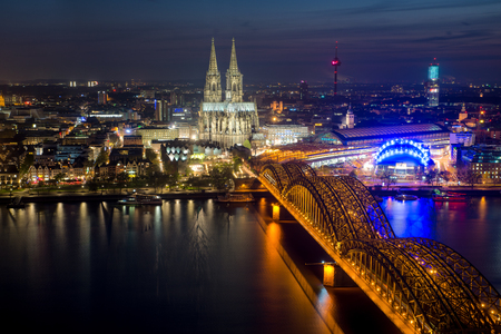 Image of Cologne with Cologne Cathedral during twilight blue hour in Germany.の写真素材