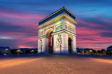 Arc de Triomphe and Champs Elysees, Landmarks in center of Paris, at sunset. Paris, Franceの写真素材