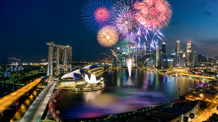 Aerial view of Fireworks celebration over Marina bay in Singapore. New year day 2018 or National day celebration at Singapore. Asiaのeditorial素材