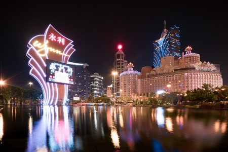 Macau, China - October 14, 2017: Night view of Macau (Macao). The Grand Lisboa is the tallest building in Macau (Macao) and the most distinctive part of its skylineのeditorial素材