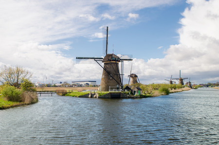 Netherlands traditional windmill landscape at Kinderdijk near Rotterdam in Netherlands.