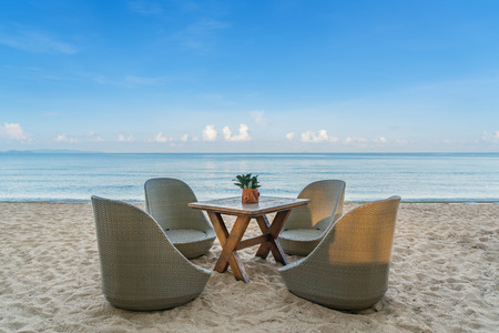 Beach Chairs in beach restaurant on summer island in Phuket, Thailand. Summer, Travel, Vacation and Holiday concept.の写真素材