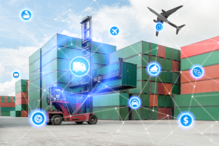 Global business connection technology interface global partner connection of Container Cargo freight truck for logistic import export background. Business logistics concept , internet of thingsの写真素材