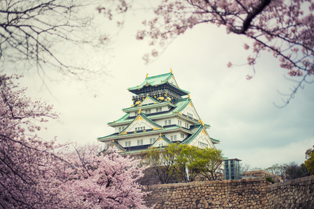 Osaka castle with cherry blossom in Osaka; Japan. Japan spring beautiful scene.のeditorial素材