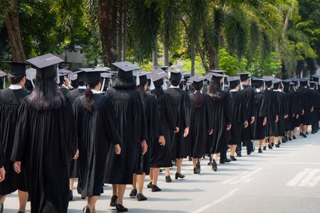 Rear view of group of university graduates in black gowns lines up for degree in university graduation ceremony. Concept education congratulation, student, successful to study.の写真素材