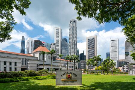 Singapore Parliament building in front of Singapore business district skyline financial downtown building at Marina Bay, Singapore. Asian tourism, modern city life, or business finance and economy conceptのeditorial素材