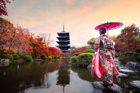 Young Japanese girl traveler in traditional kimono dress standing in Toji temple in autumn season in...