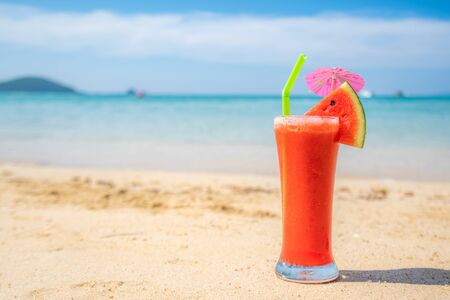Watermelon juice in drink glass on the beach with clear day sky in Koh Kood at Trat, Thailand. Summer, Travel, Vacation and Holiday. Relax and traveling at sea concept.
の写真素材