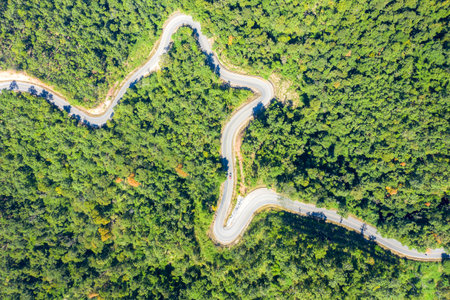 Aerial view over mountain road going through tropical rainforest landscape in Thailand.の写真素材