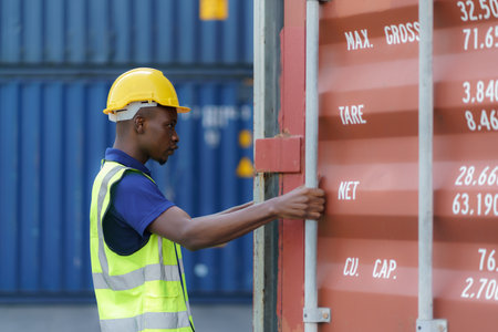 African-American black workers are opening containers for inspection and check that repairs have been completed in containers depot terminal.の写真素材