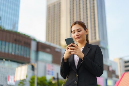 Asian executive working woman using a mobile phone in the street with office buildings in the background in Bangkok, Thailand.の写真素材
