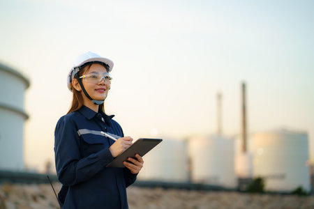 Asian woman petrochemical engineer working with digital tablet Inside oil and gas refinery plant industry factory at night for inspector safety quality control.の写真素材